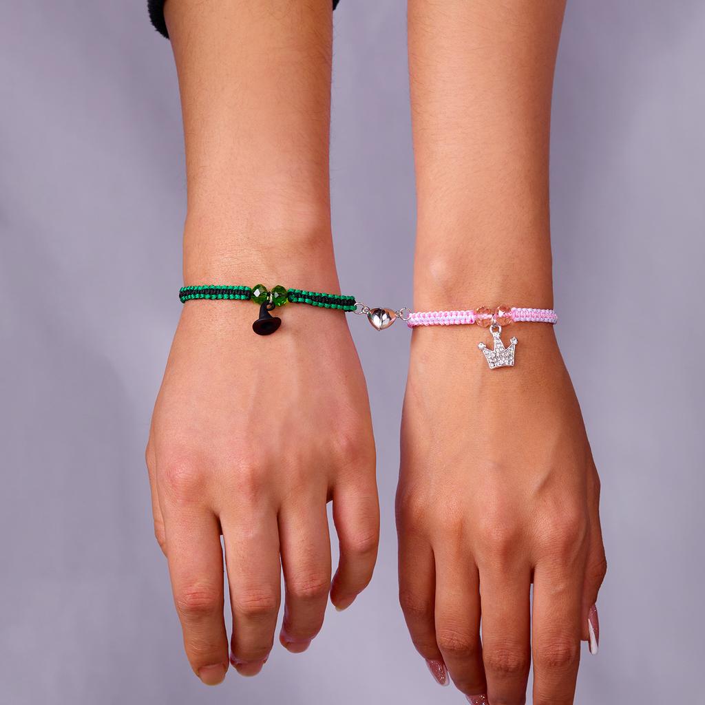 2pcs Magic Stick Hat Crown Matching Bracelets for Women Sweet Pink Green Bead Handmade Stretch Bracelet BFF Jewelry Gifts
