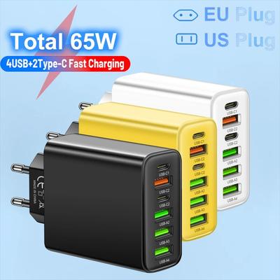 Всего 65 Вт 6 в 1 4 USB и 2 Type C Быстрая зарядка Быстрое настенное зарядное устройство для iPhone Samsung Xiaomi Oppo Адаптер для мобильного телефона
