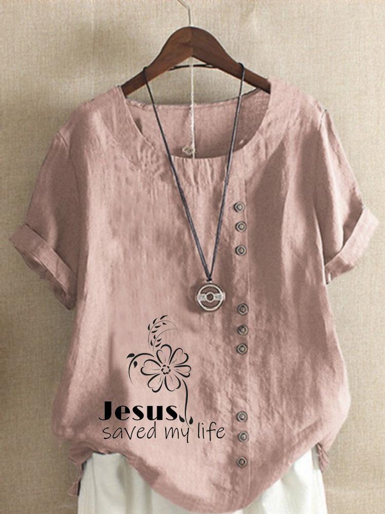 Women's Fashion Black Letter Floral Print Casual Cotton Linen Short Sleeve Round Neck T-shirt Shirt Leisure Loose Summer Blouse Tops