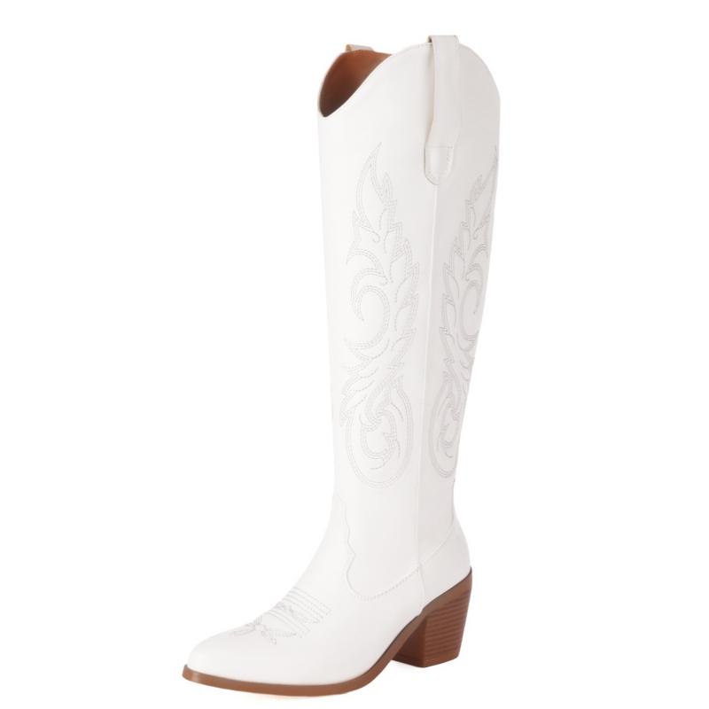 Женские сапоги до колена в стиле вестерн, новые тенденции 2024 года, зимняя обувь на танкетке с вышивкой, женские белые, красные, розовые, ковбойские сапоги для девушек-ковбоев