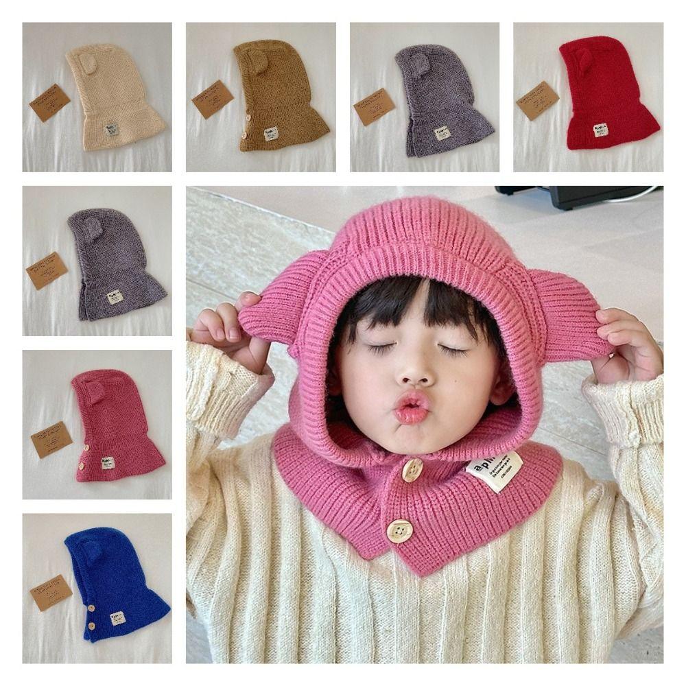 Soft Warm Baby Hooded Hat Boys Girls One Piece Scarf Cap Lovely Bear Ear Knit Hats Toddler