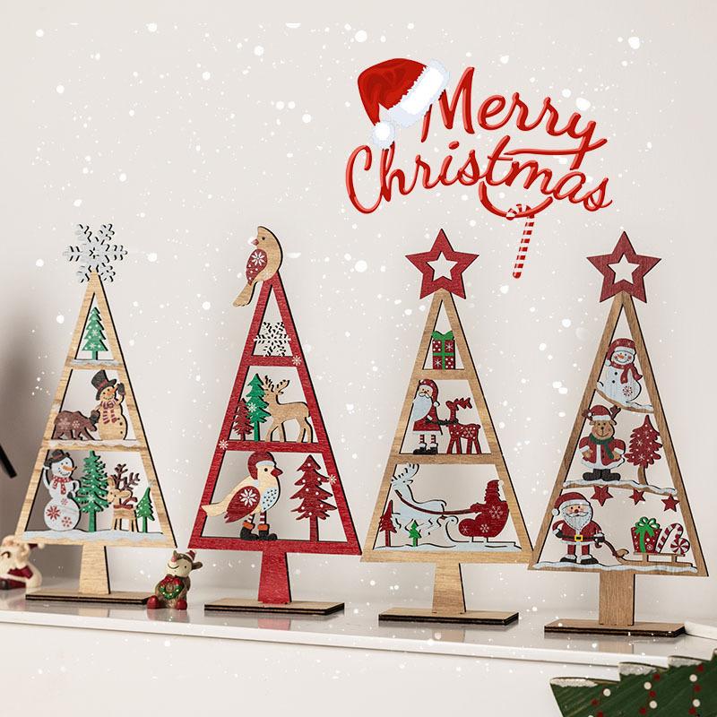 1PC Mini Wooden Christmas Tree Shape Pendants DIY Festival Party Tabletop Ornaments New Year Home Decoration Gift Prop