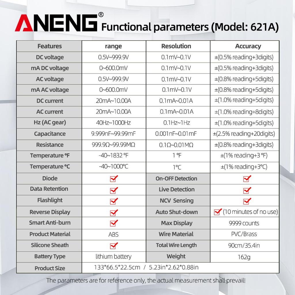 Aneng 621A умный цифровой мультиметр мультиметр с сенсорным экраном тестер транзисторов 9999 отсчетов True RMS автоматический диапазон постоянного/переменного тока 10 А метр