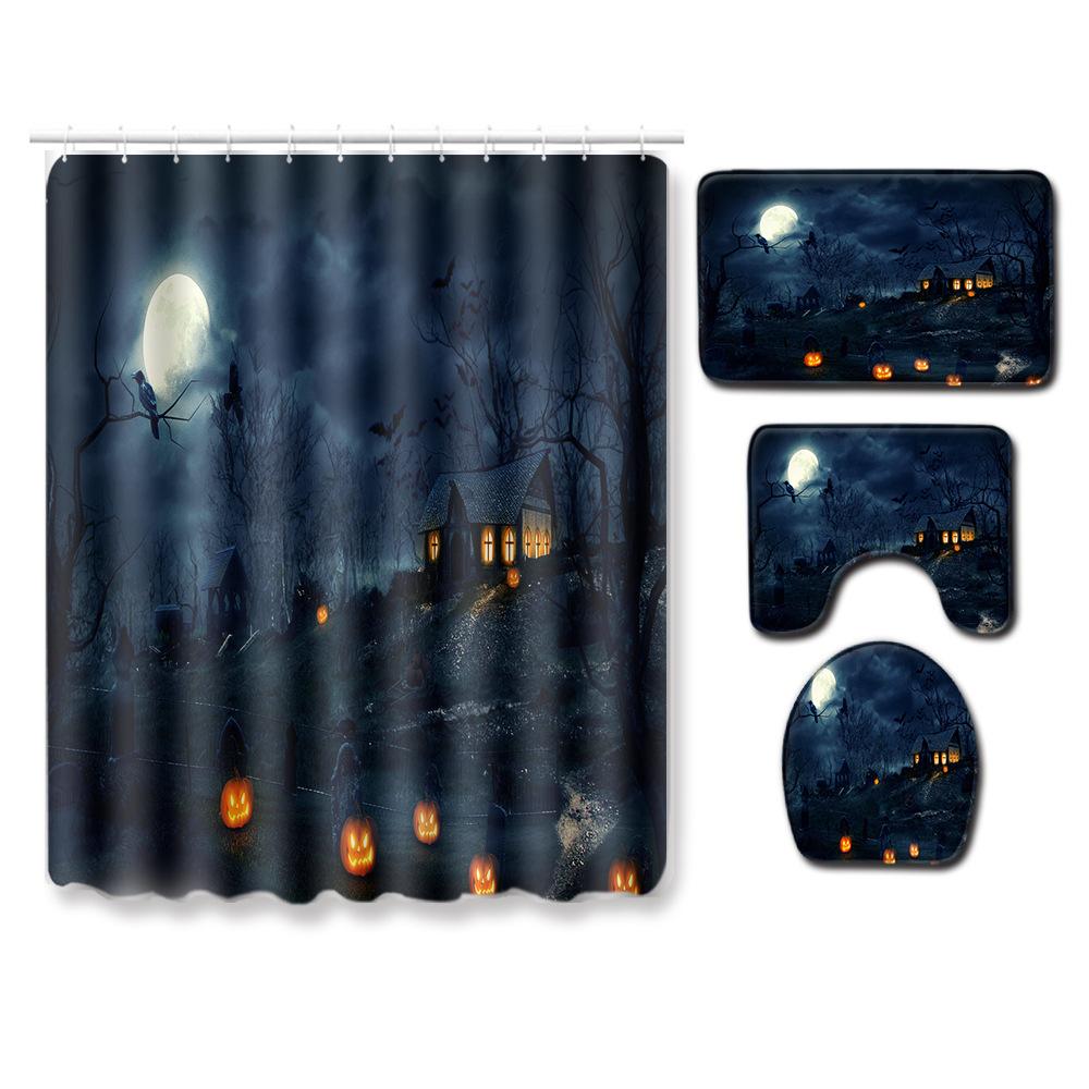 Halloween Series Bathroom Shower Curtain Floor Mat Toilet Cover Foot Mat Four-Piece Set