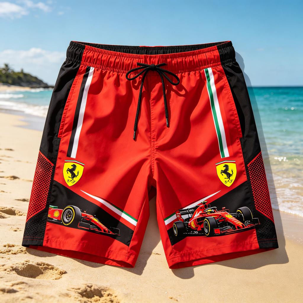 2026 Пляжные шорты Ferrari Racing Print Быстросохнущие Летние Спортивные Board Shorts На шнурке