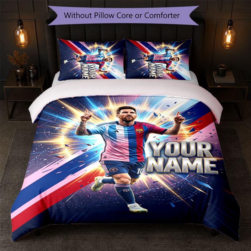 Lionel Messi Custom Name Text Bedding Set 1 Duvet Cover+2 Pillowcases Soccer Logo Personalized Gift For Special Occasion Bedroom Decor