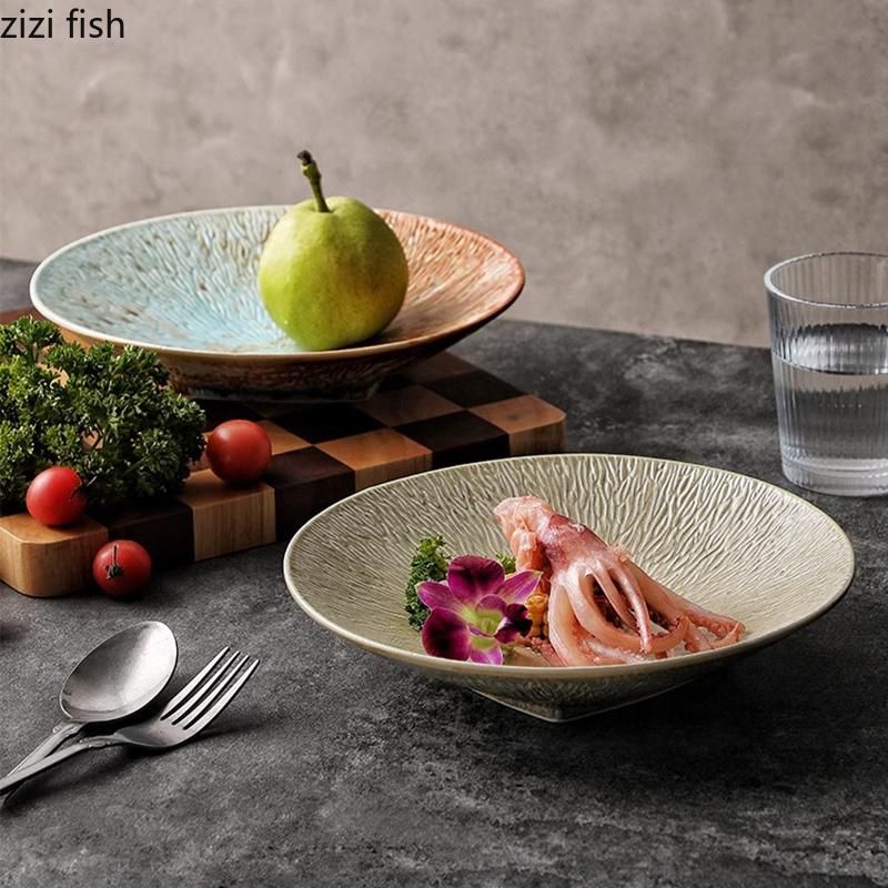 Креативная текстура Керамическая глубокая тарелка Винтажная салатная тарелка Толстая суповая тарелка Десертные тарелки для пасты Ресторанная посуда