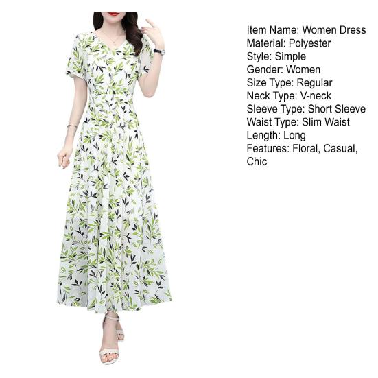 Women's Floral Print Maxi Dress Summer V Neck Short Sleeve Long Dress Casual Swing A-line Beach Sundress