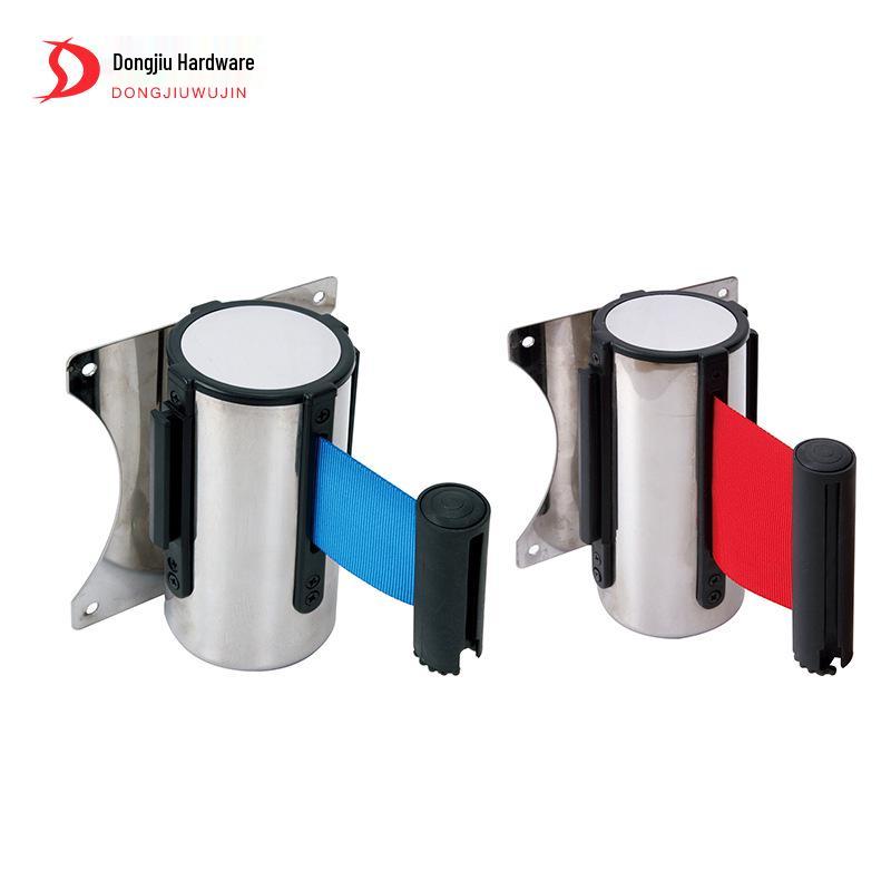 Wall-Mounted Stainless Steel Retractable Queue Barrier with Railing and Warning Tape