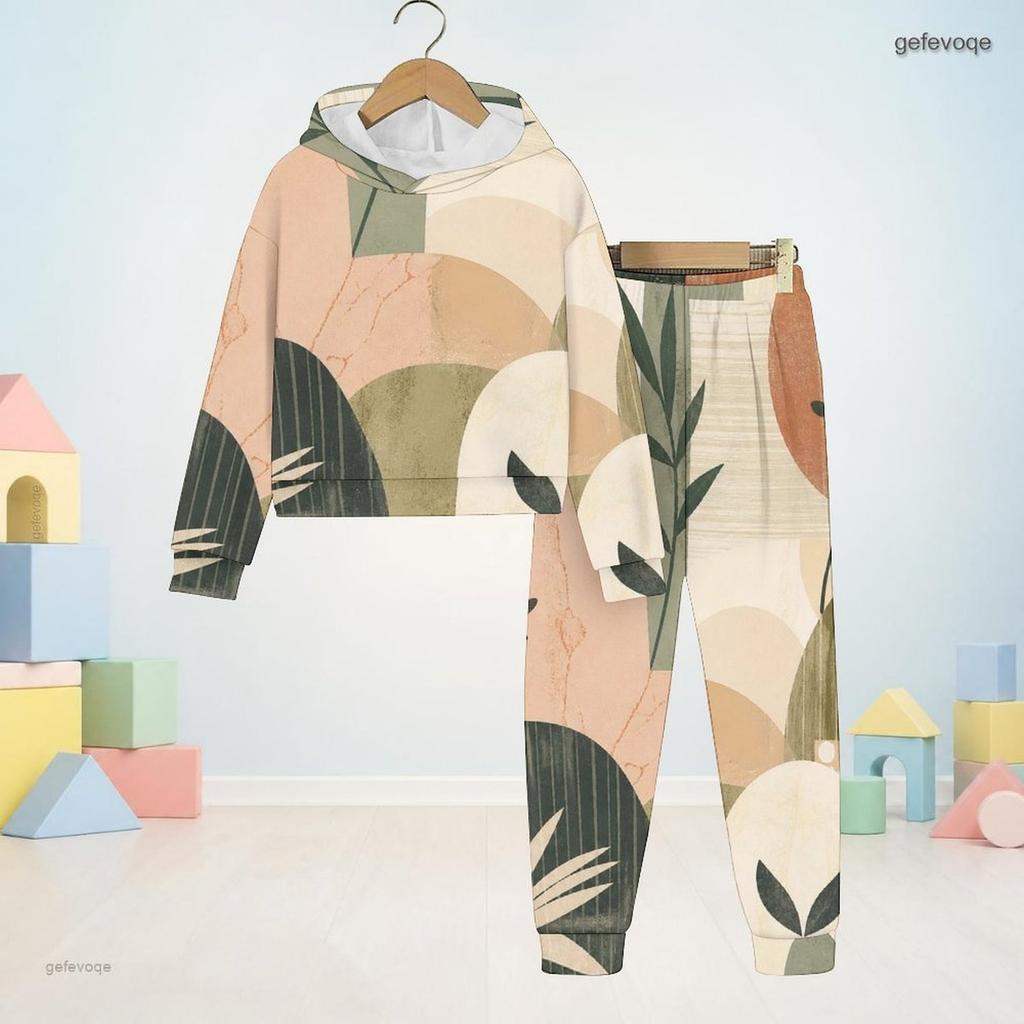 Kids Abstract Geometric Printed Hooded Long Sleeve Sweatshirt And Cuffed Pants Two Piece Set