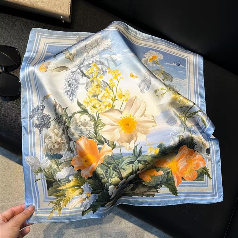 53x53cm 100% Mulberry Silk Scarf Luxury Square Hair Bandana Elegant Head Wrap Neckerchief Sunscreen Shawl for Women