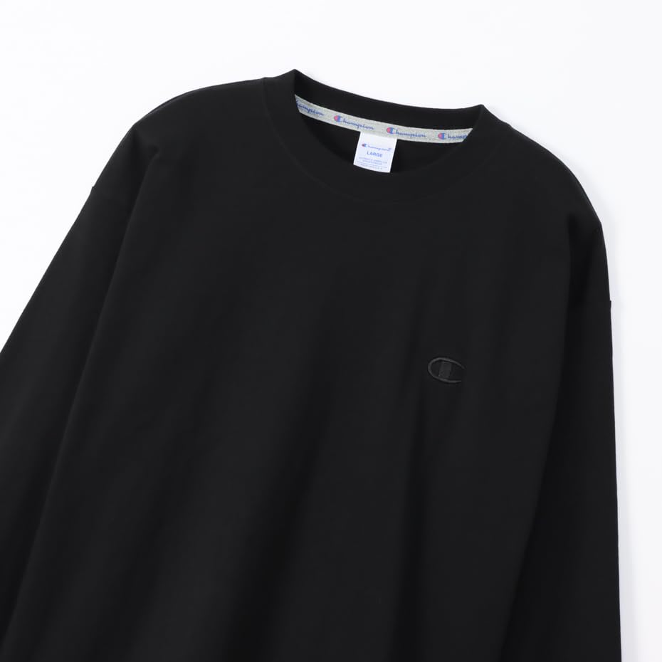 Длинный свободный крой с длинным рукавом и вышитым логотипом One Point, круглый вырез, хлопок, США, RelaxFit с длинным рукавом и вышитым логотипом One Point, стиль действий, черный, размер L [Champion]