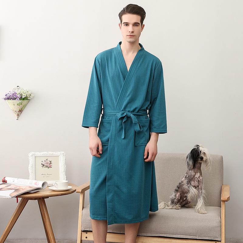 Spring-Summer Waffle Bathrobe: Unisex, Lightweight, 3/4 Sleeves, Korean Style, Absorbent