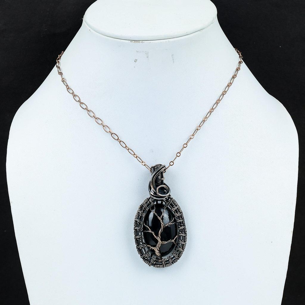 Black Obsidian Gemstone Handmade Pure Copper Wire Wrap Jewelry Pendant For Women
