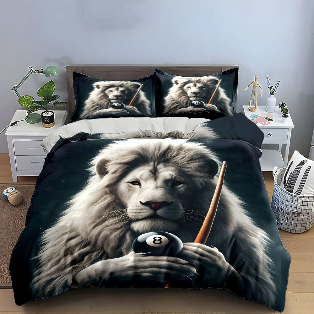 Lion Holding Pool Ball Artwork Bedding Duvet Cover Set (1*Duvet Cover 2*Pillowcases, without duvet insert)