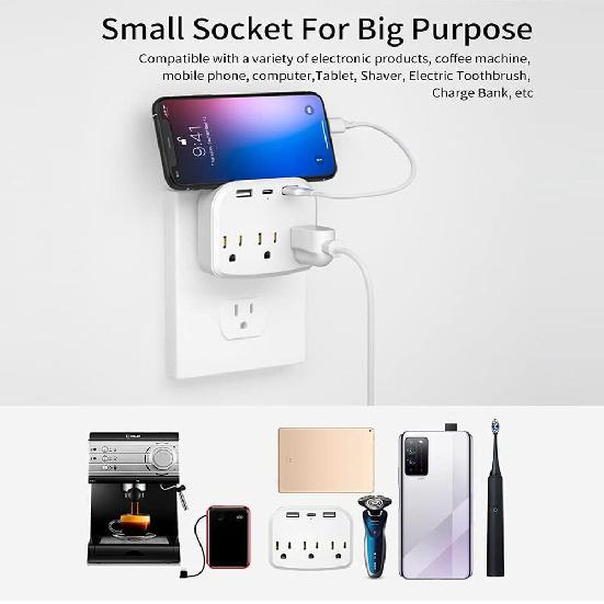 Outlet Extender, Multi Plug Outlet Splitter with USB C Ports, USB Wall Charger for Home Office Accessories, Dorm Room Essentials