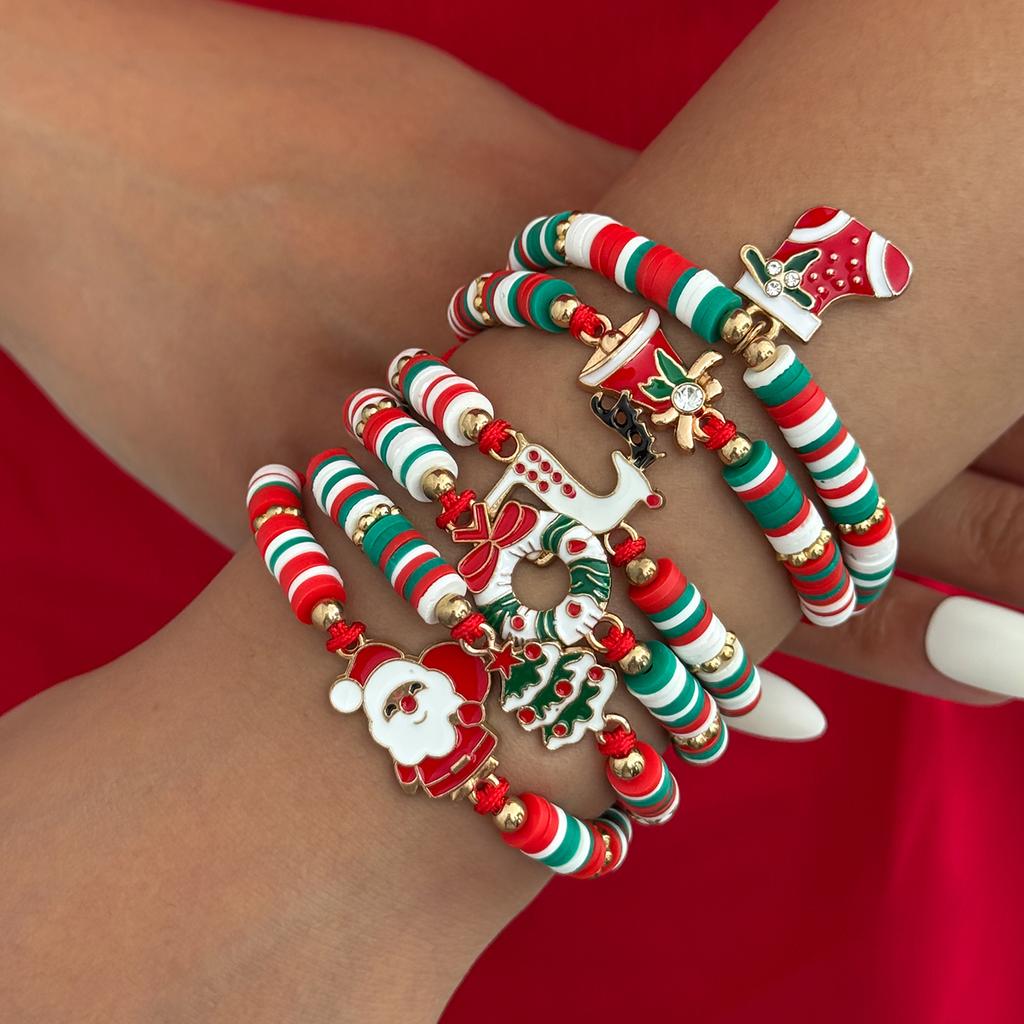 SHIXIN 6Pcs/Set Christmas Bracelet for Women Santa Claus Elk Christmas Tree Socks Pendant Bracelet Adjustable Rope Chain Bangle