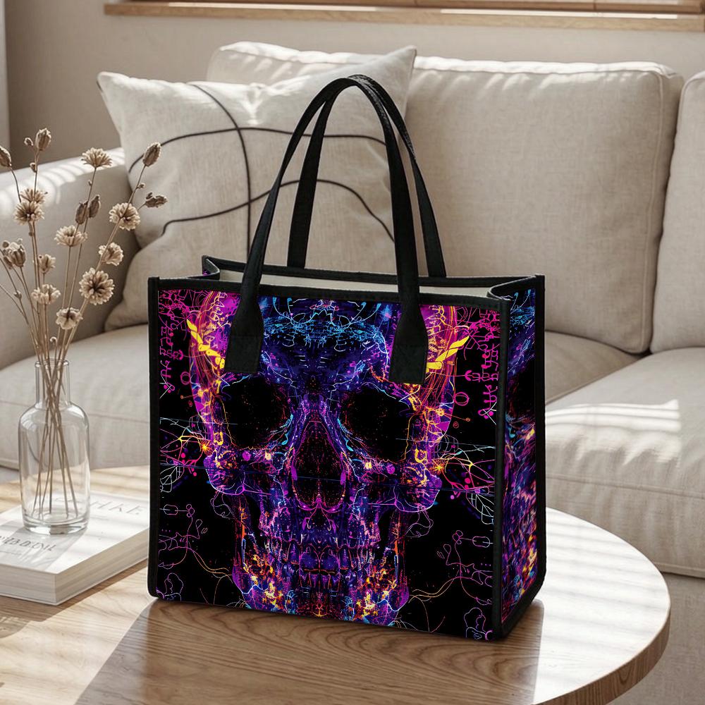 Neon Skull Pattern Tote Bag Fashion Large Capacity Daily Use Shoulder Handbag for Street Casual Outings