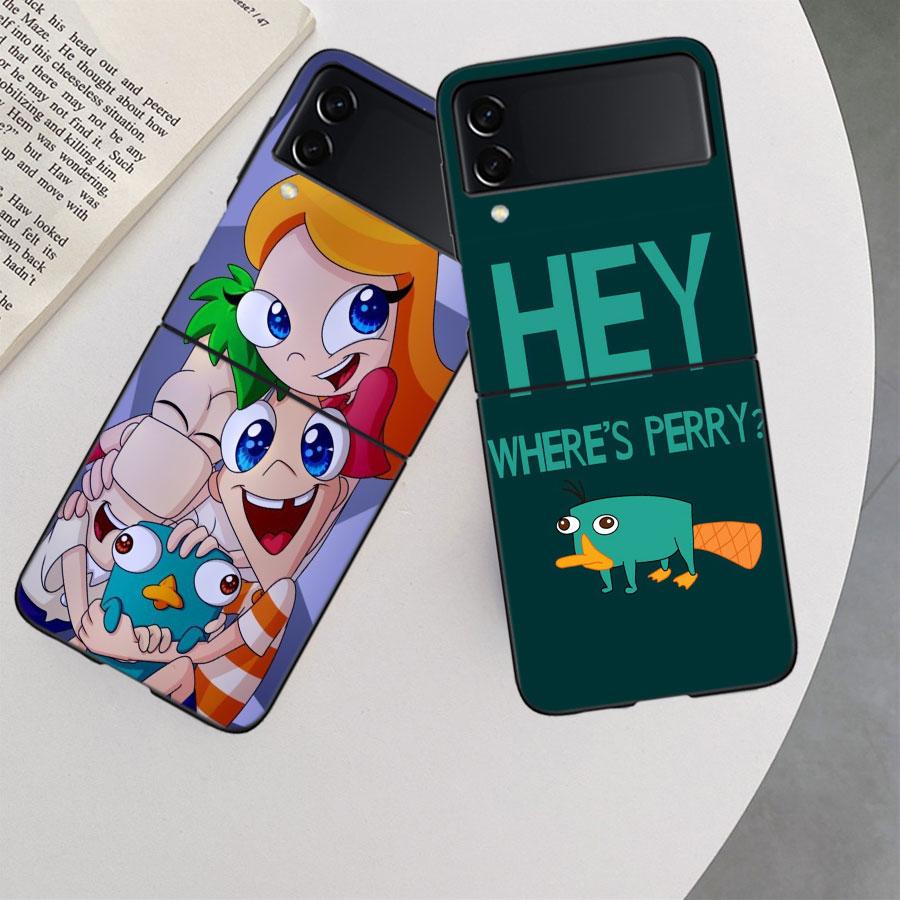Мультяшный утконос Перри Чехол для телефона Samsung Z Flip 7 6 5G Galaxy Z Flip 5 4 3 Черный Жесткий Чехол Роскошная ПК Оболочка Coque