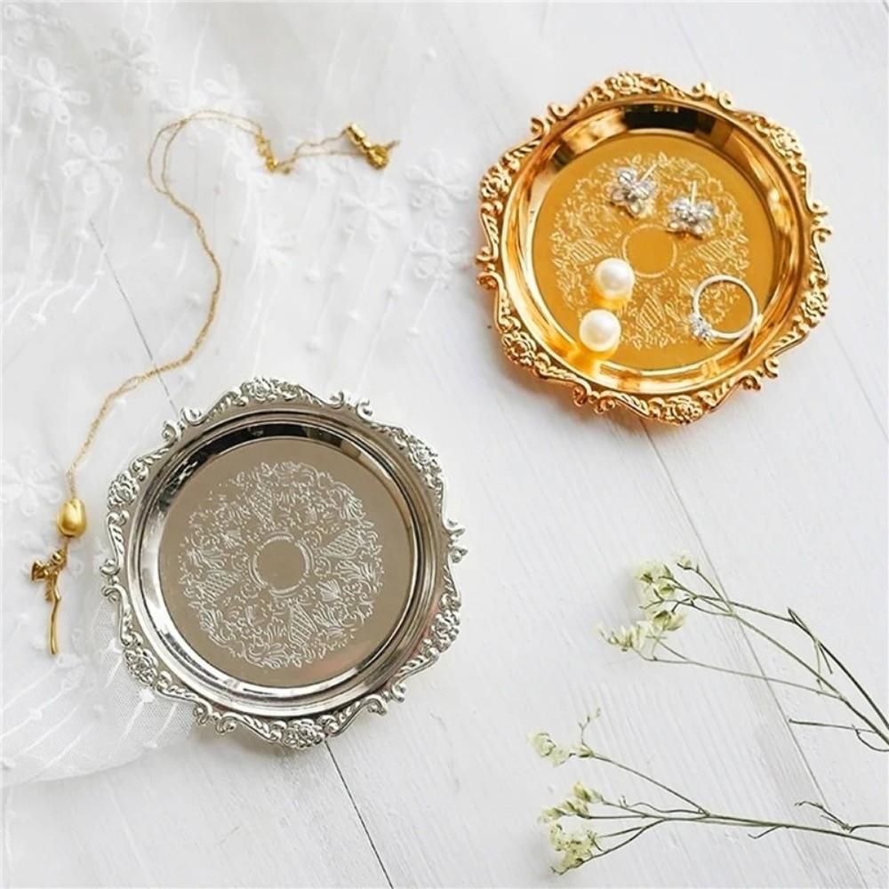 Round Cake Tray Golden Silver Jewelry Storage Tray Luxury Dinner Serving Tray  Tea Cup Holder