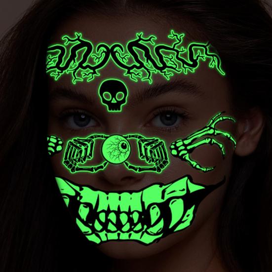 Наклейка на лицо с татуировками на Хэллоуин, светящаяся в темноте 3D-набор для макияжа ведьмы-зомби, водонепроницаемые съемные временные наклейки для татуировки ко Дню мертвых