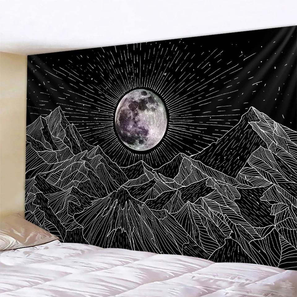 Black and white moon Mandala tapestry Bohemian decoration wall hanging bedroom psychedelic scene starlight art home