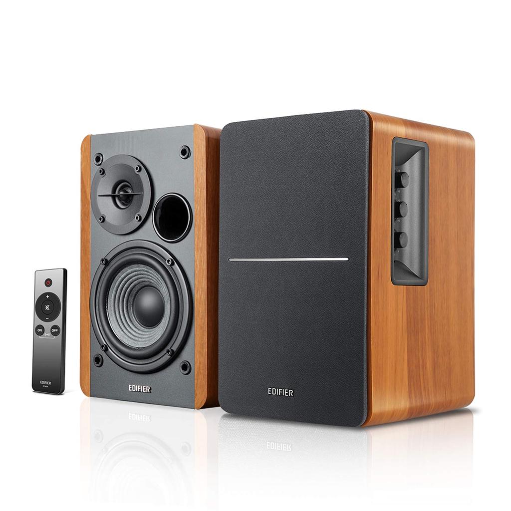 Edifier R1280Ts Active Bookshelf Speaker Subwoofer Output Amplifier Driver Rated Output Dual RCA Knob Control or Remote Wood Grain MDF Port, Built-in