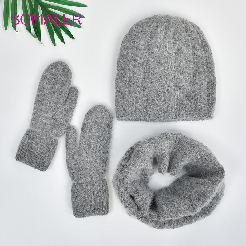 Women Winter Three-piece Hat Scarf Gloves Set Warm Fluffy Angora Knit Hat Scarf Thick Fashion Cold Weather Beanie Accessories
