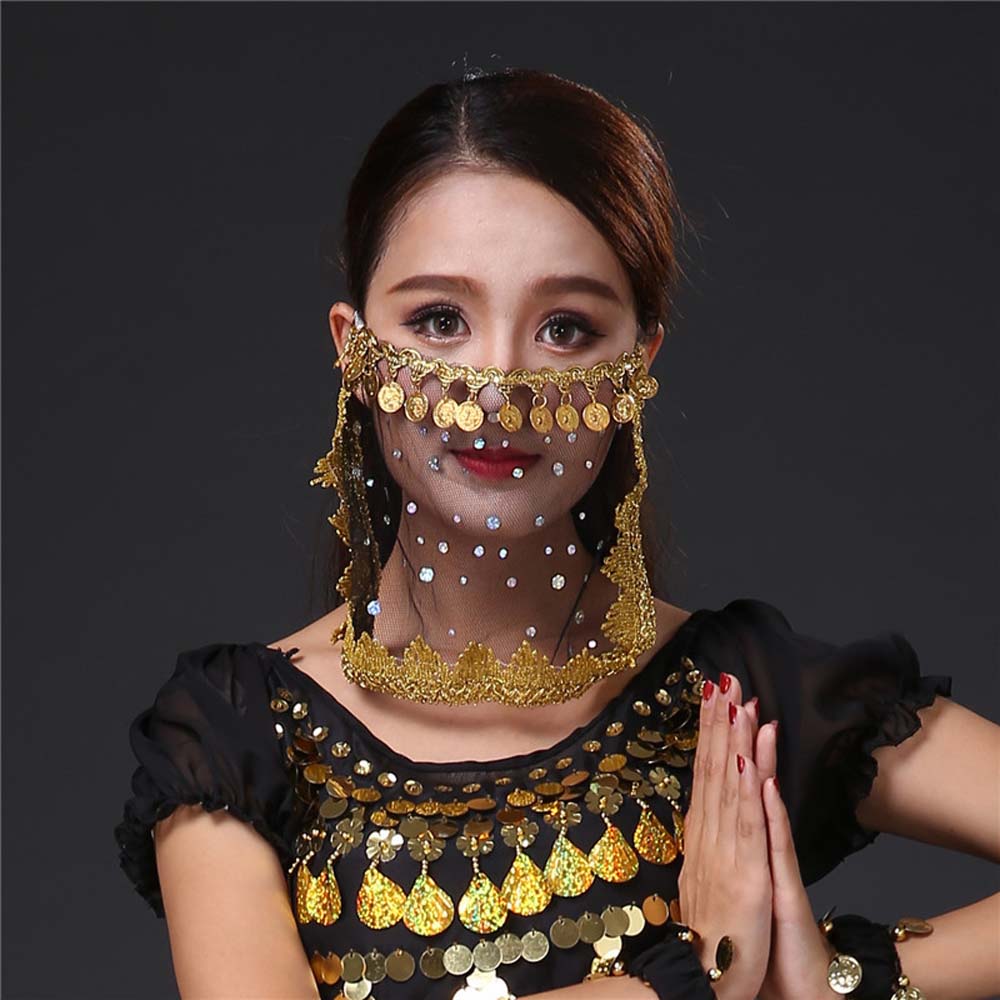 Indian Dance Sequins Women Performance Accessories Rhinestone Face Veils Mesh Belly Dance Costumes
