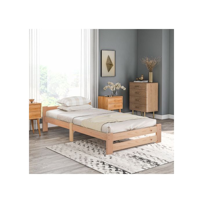 Solide lit en bois massif Lit futon en bois massif naturel Lit en avec tête de lit et sommier à lattes , naturel (200x90cm)