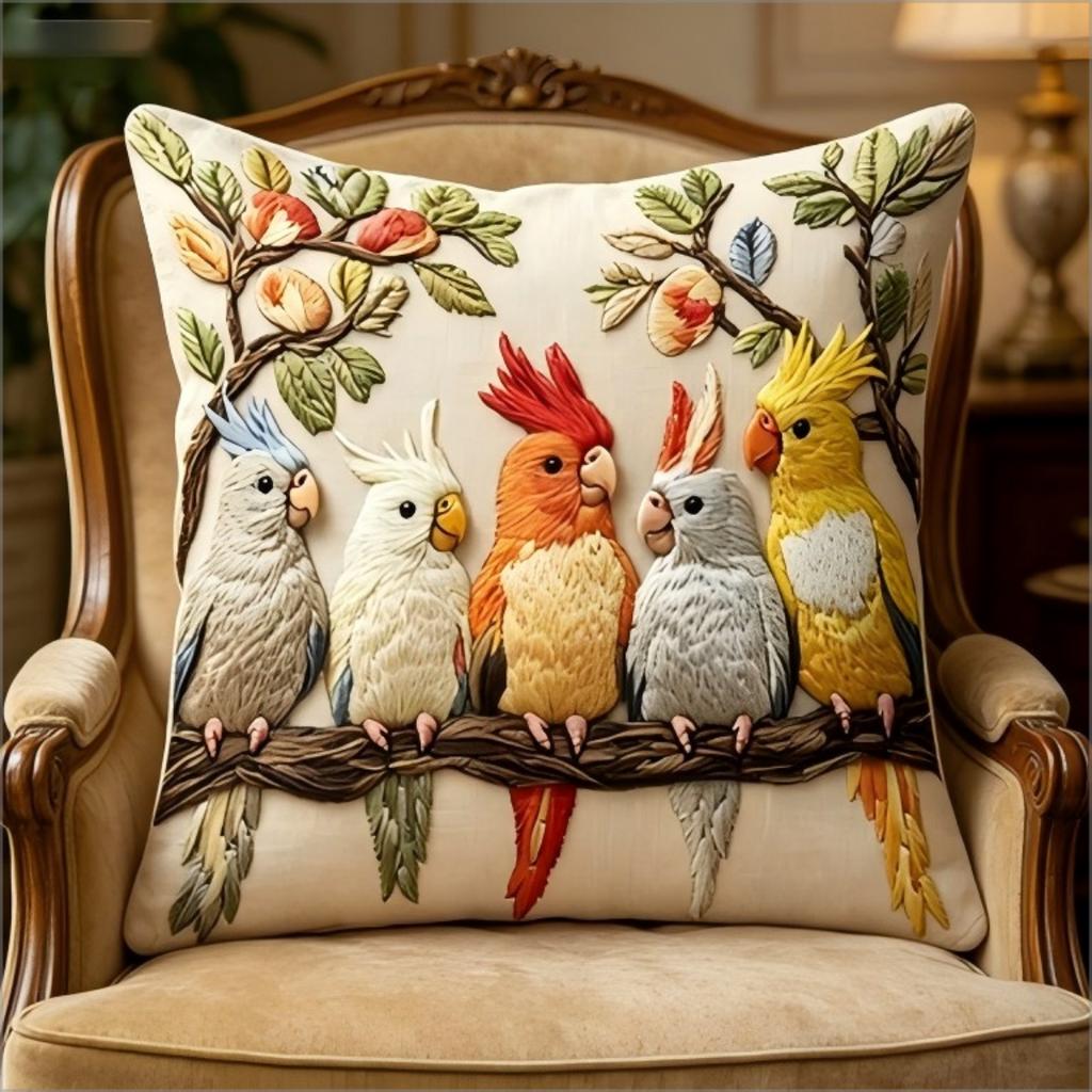 Colorful Cockatiel Parrot Pillow Cover Faux Embroidery 2D Bird Print Boho Botanical Cushion Case For Sofa Bed Couch Home Decor