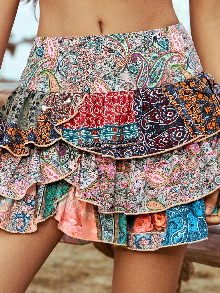 Bohemian Retro Paisley Color Block Party Skirt