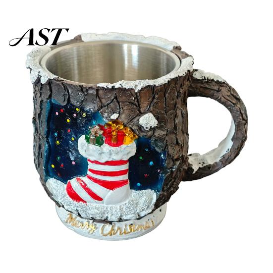 Elk Christmas Tableware Theme Mug with Stainless Steel Liner, 3D Relief Hand Creative Holiday Gifts Painted Resin Coffee Cup, Decorative Drinkware for