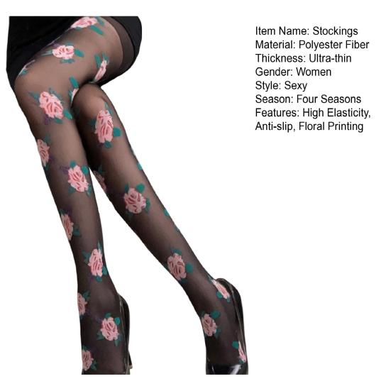 Women Pantyhose Retro Floral Print Ultra-thin See-through High Elasticity Anti-slip Club Dating Party