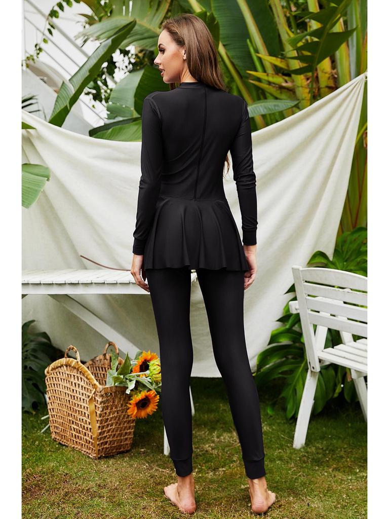 Solid Color Full Coverage Long Sleeve Surfer Sunsuit - Conservative One-Piece Arabic Swimsuit