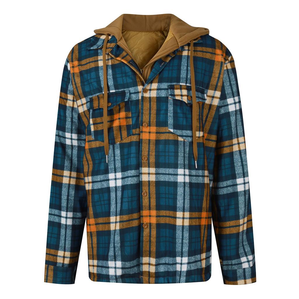 Men's Quilted Lined Button Down Plaid Shirt Add Velvet To Keep Warm Jacket With Hood