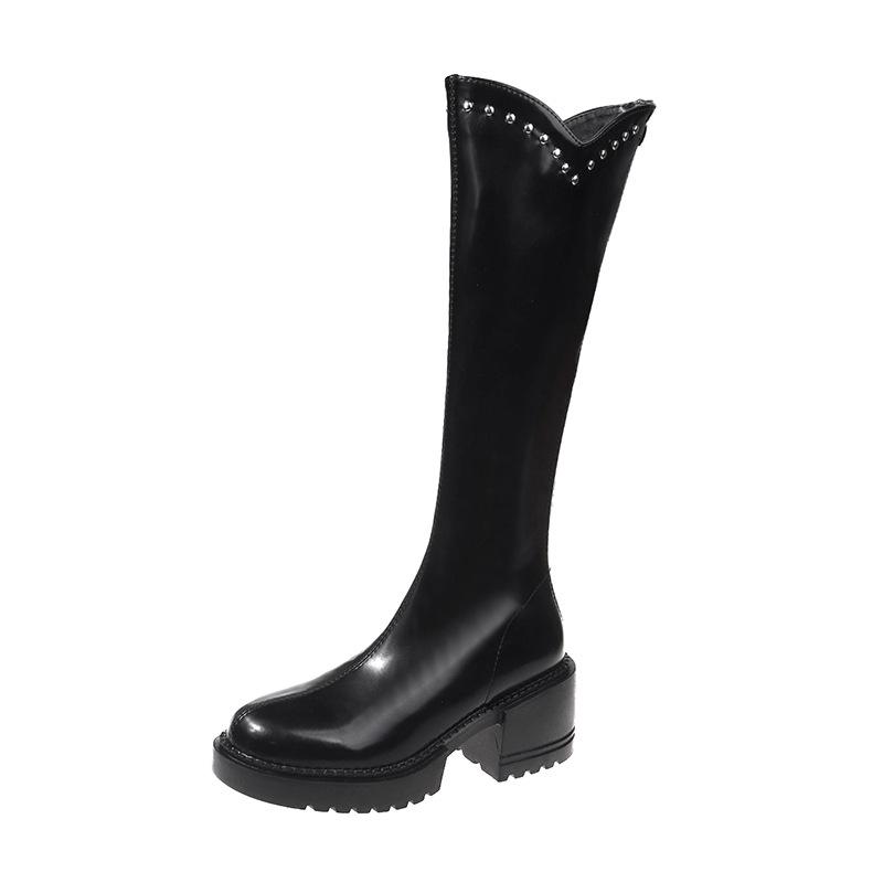 Флисовые ботинки женские 2024 зима новые высокие ботфорты на толстом каблуке ретро ботинки до колена женские ботинки