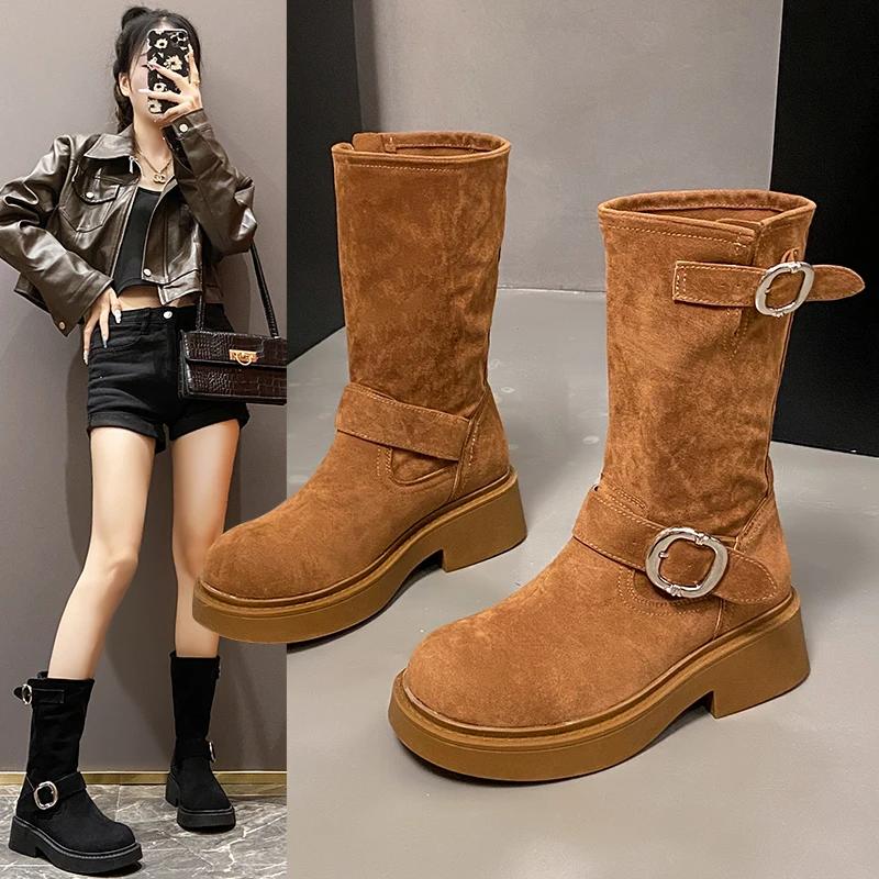 Женские ковбойские сапоги в западном стиле, модные туфли с пряжкой на ремне, осенне-зимние ботильоны до середины икры на толстом каблуке, женская обувь