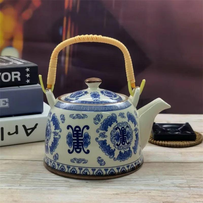 Бытовой фарфоровый чайник, керамический большой вместительный горшок для прохладной воды, большой синий и белый фарфоровый горшок с петлевой ручкой в ​​стиле ретро