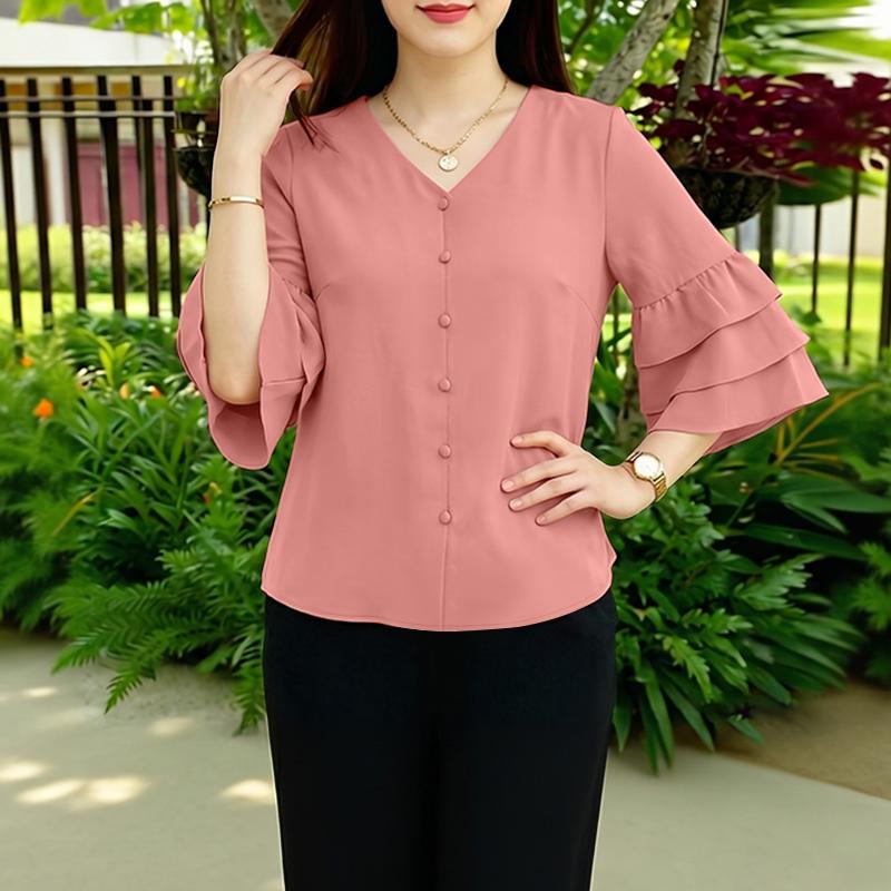 ZANZEA Женская повседневная блузка с V-образным вырезом, однотонная, с воланами, 3/4 рукава