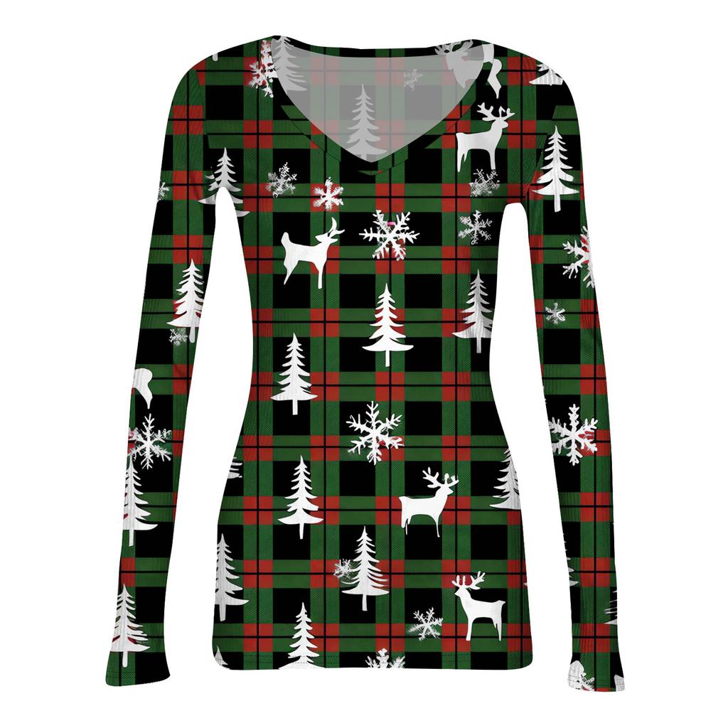 Women's Winter Slim-Fit Base Layer T-Shirt Fashionable Christmas Print V-Neck Pullover Long-Sleeved Top