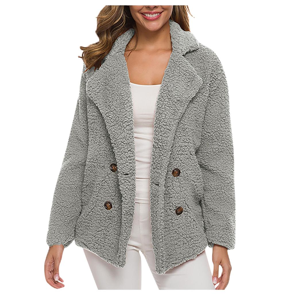 Women's Winter Casual Padded Thickened Suit Collar Button Lambswool Jacket Cardigan