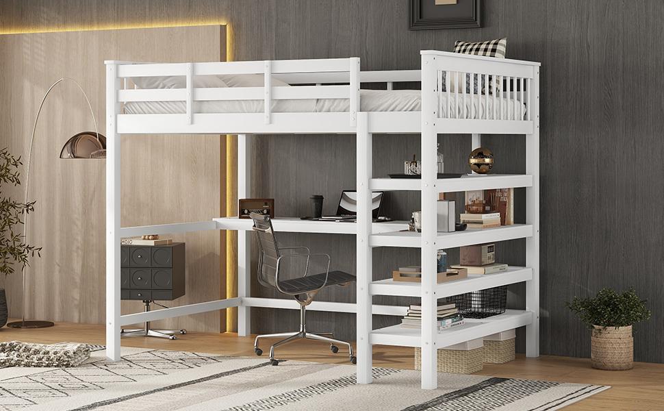 Loft Bed, 140 x 200, Children's Loft Bed with Storage Compartments and Under-Bed Desk, Without Mattress, White
