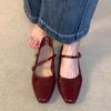 Cowhide Model~ Genuine Leather French Single Shoes Women's Flat Bottom Beautiful Retro Super Soft Evening Shoes Low Heel Red Mary Jane Shoes