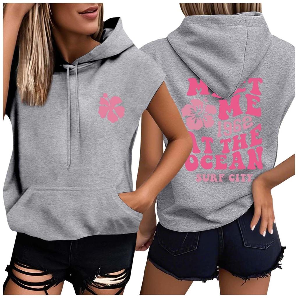 Женские летние футболки без рукавов с капюшоном, толстовки с капюшоном, свободные повседневные туники, толстовки
