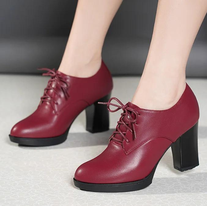 Женские туфли на высоком каблуке, рабочая обувь на платформе, черные, женские, нарядные, весна-осень, круглый носок, толстый каблук, большой размер 43, повседневные туфли-лодочки