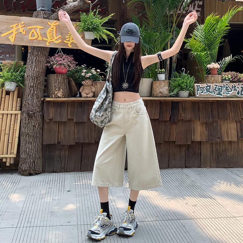 American light-colored straight seven-point jeans women's high waist and thin summer thin small loose wide-leg trousers