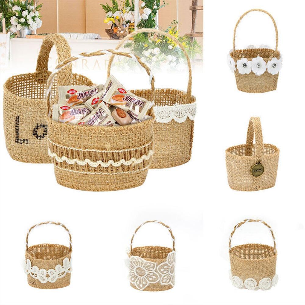 2pcs Lace Bowknot Flower Girl Basket Retro Candy Gift Bag Wedding Ceremony Party Decoration