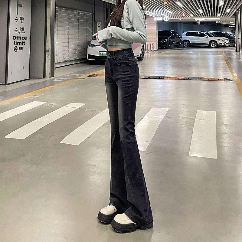 Женские расклешенные джинсы черного и серого цвета с высокой талией — облегающий крой 2024 года, универсальная мода, весна/осень/зима.
