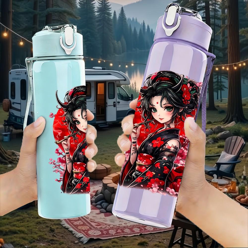 1PC Red Floral Geisha Oriental Art Print 750ml Color Plastic Sports Water Bottle Leakproof Flip Straw Lid Suitable for Sports Office Home Use